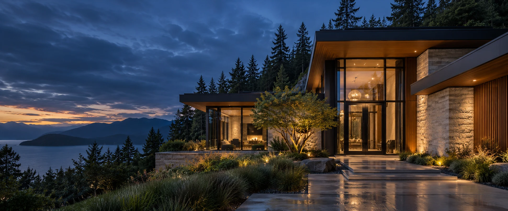Architectural concept of a contemporary residence with stone, timber and warm interior lighting